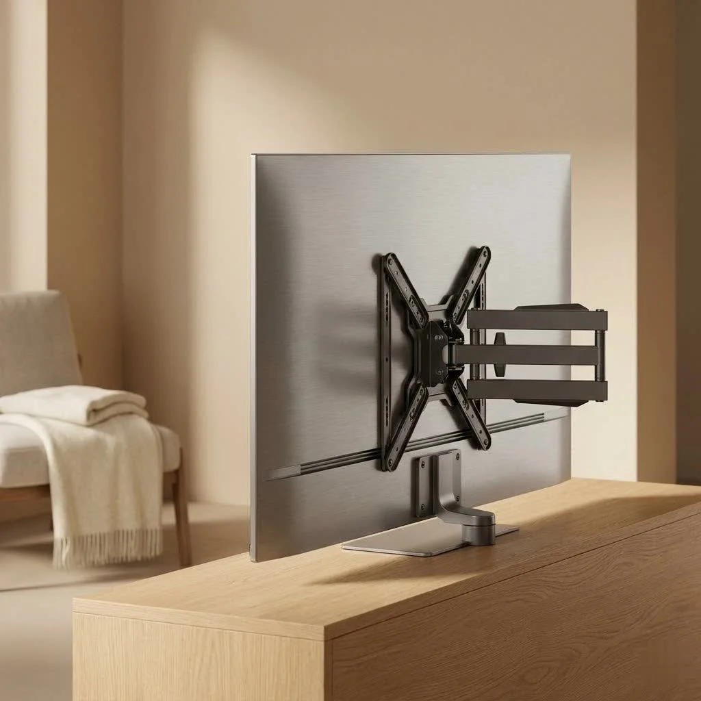 TV mounted above a brick fireplace