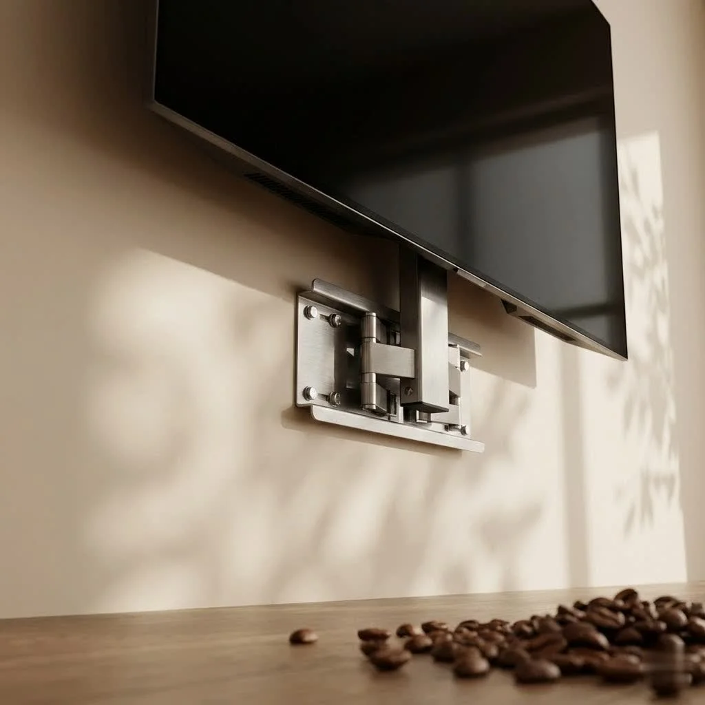 Modern TV stand with mount holding a 65-inch television