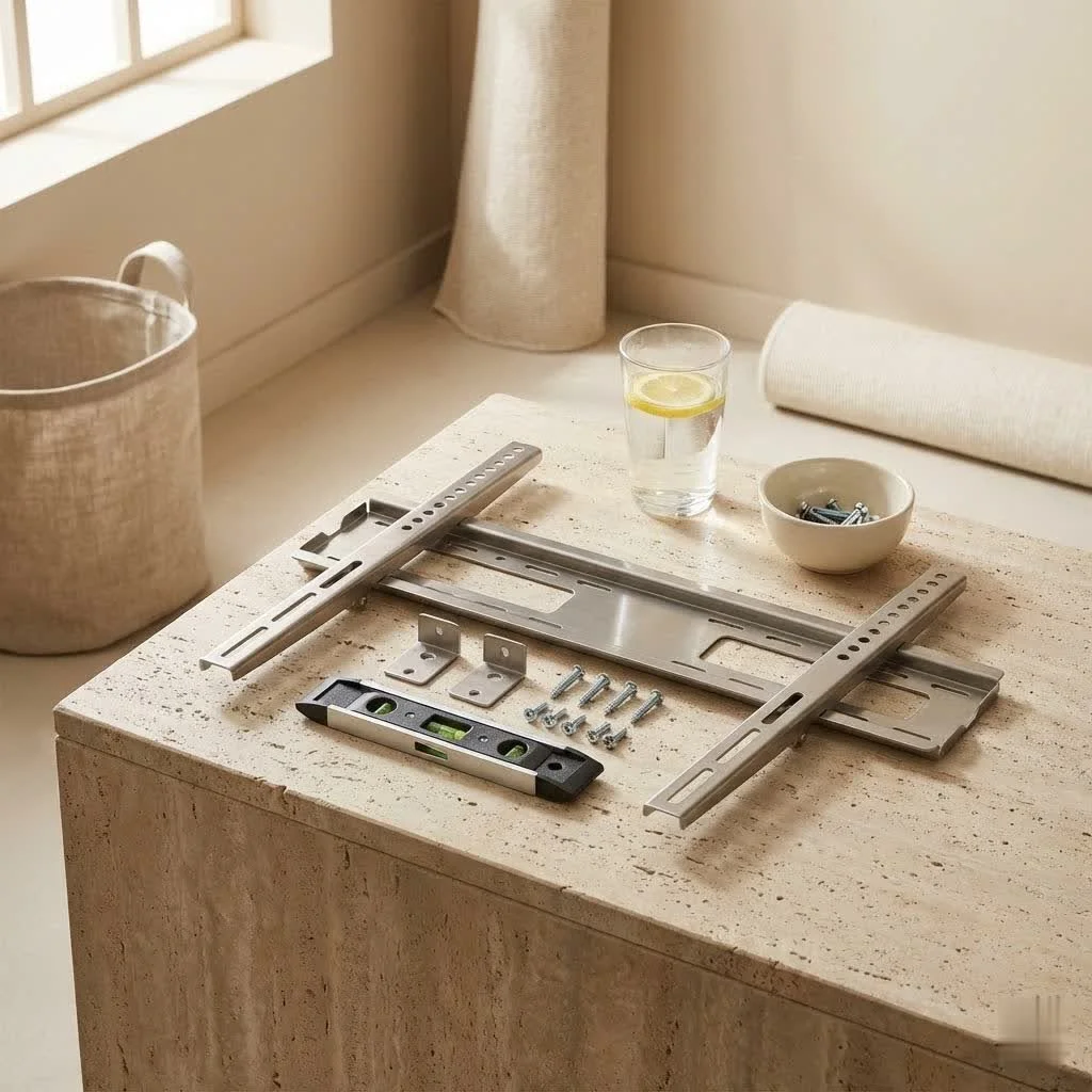 Modern TV stand with an integrated mount holding a large flat-screen TV