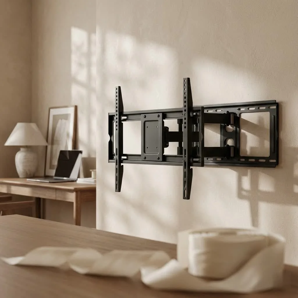 Modern living room with a large flat-screen TV mounted to the ceiling