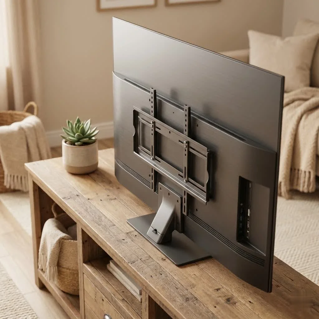 Modern TV stand with mount holding a large flat-screen television
