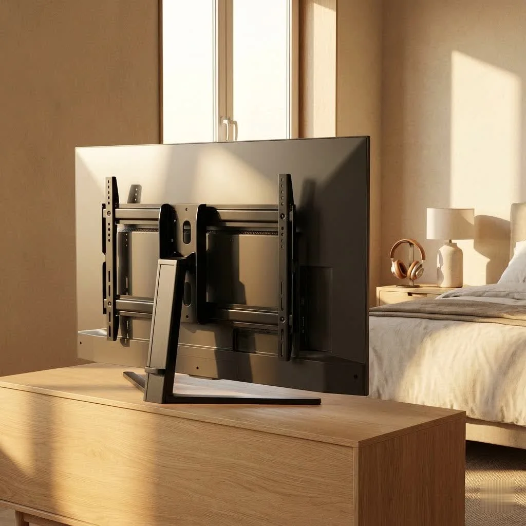 Folding ceiling TV mount in a modern living room