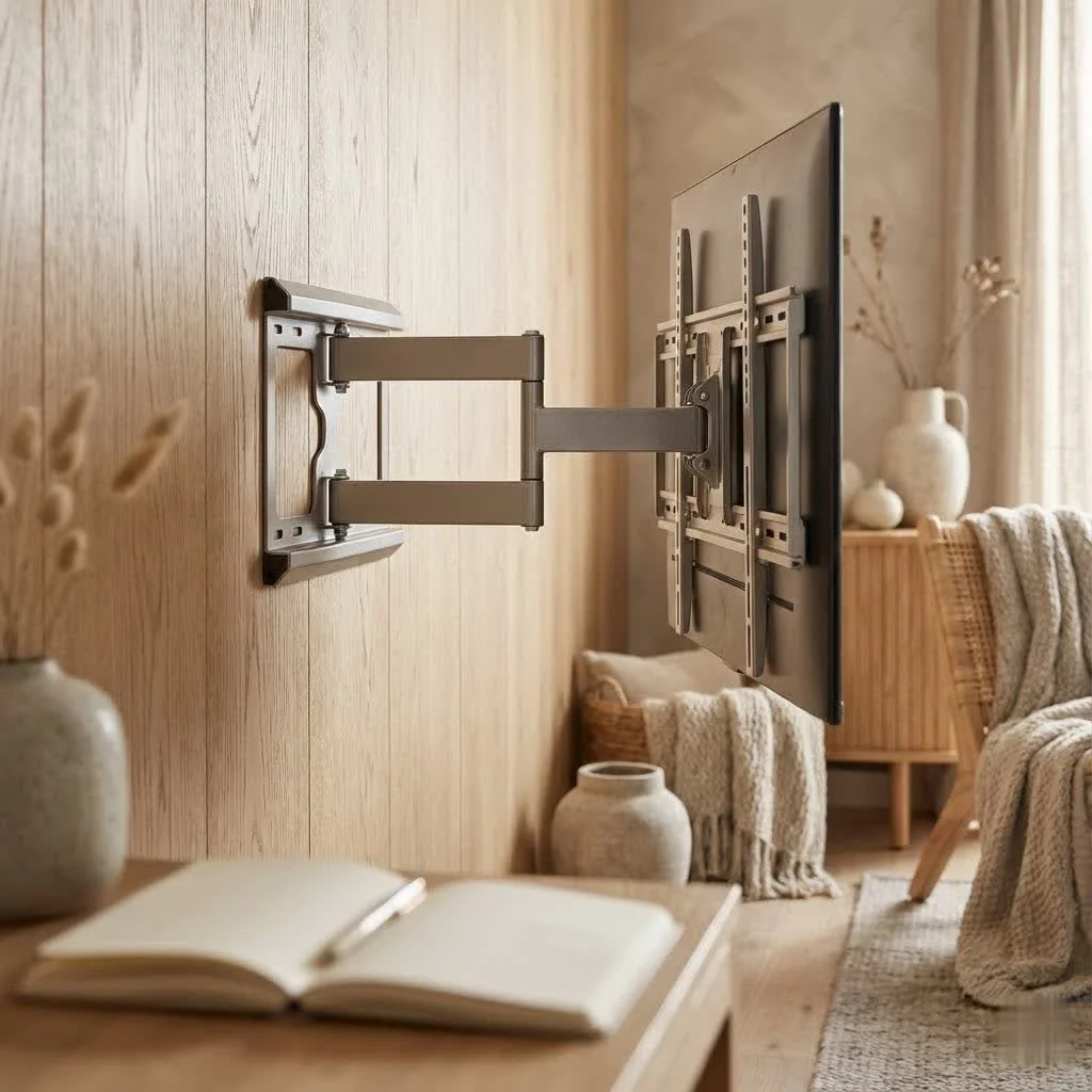 Modern living room with a large TV mounted on the wall
