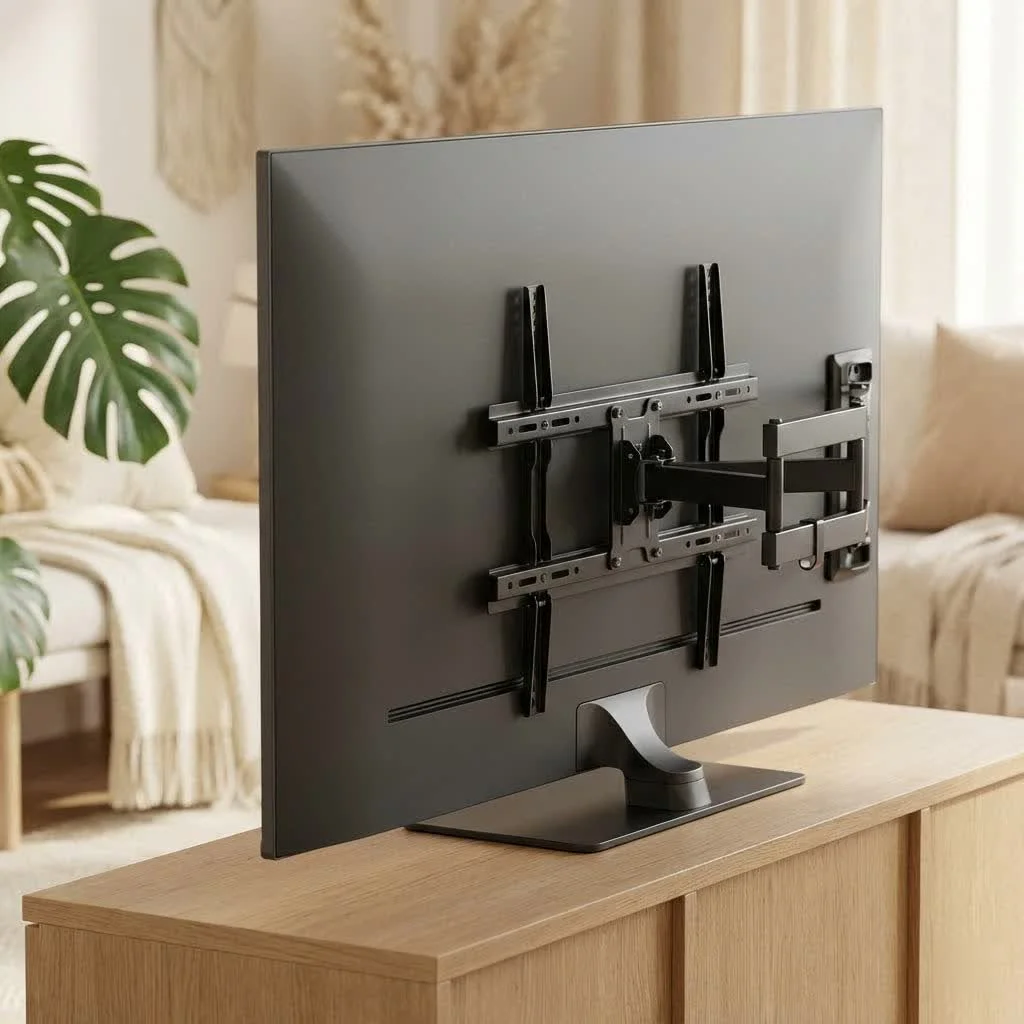 Modern living room with a large, wall-mounted TV