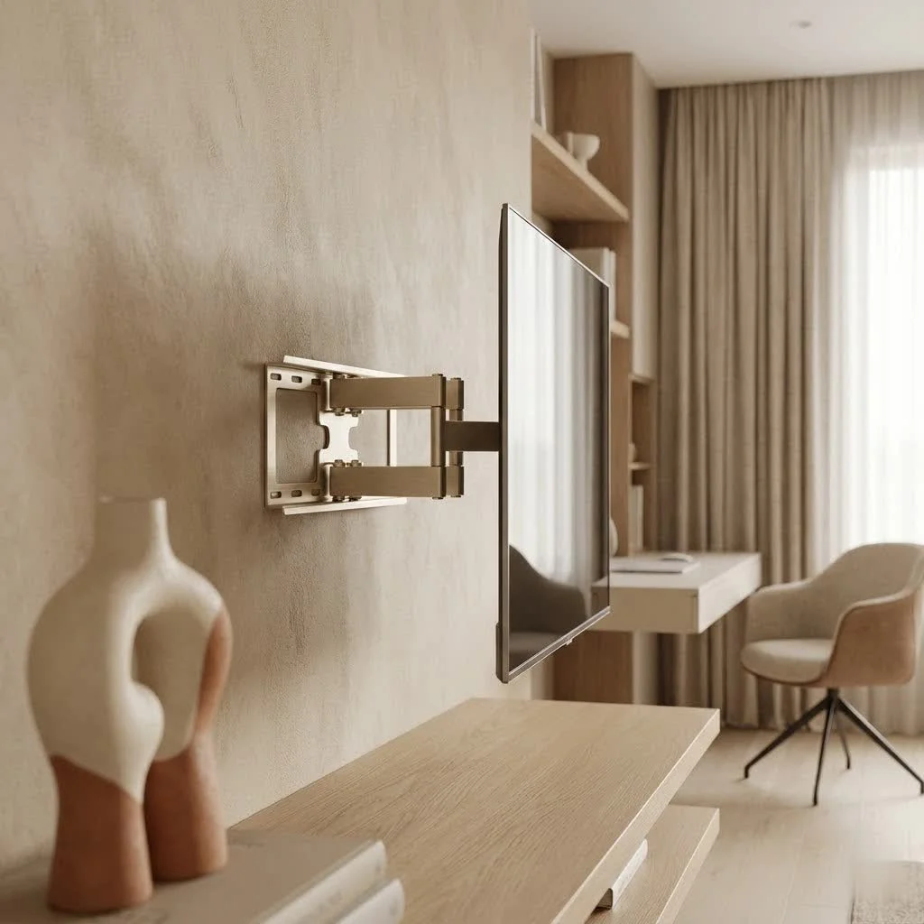 Modern living room with a large TV mounted to the ceiling