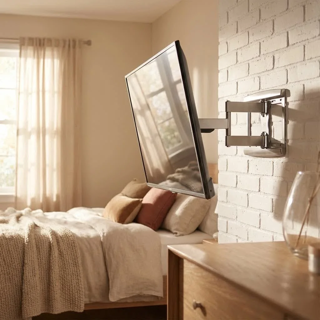 Drop down TV mount lowering a television above a fireplace