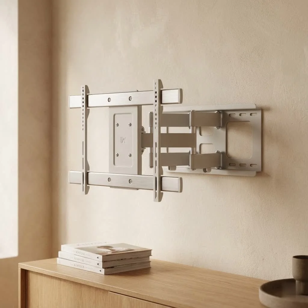 Modern living room with a large TV mounted on a tiltable wall mount