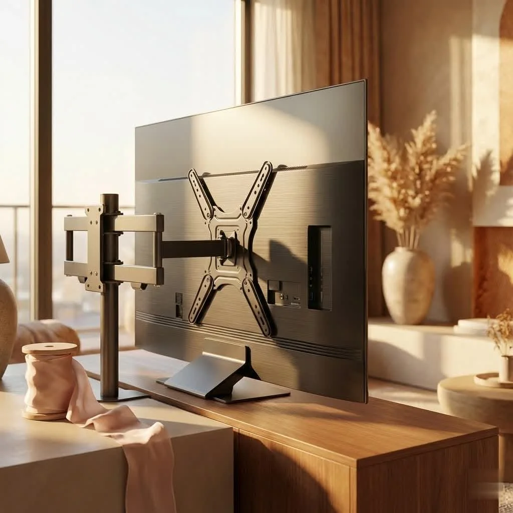 Swivel TV mount extending from a wall with a large flat-screen TV