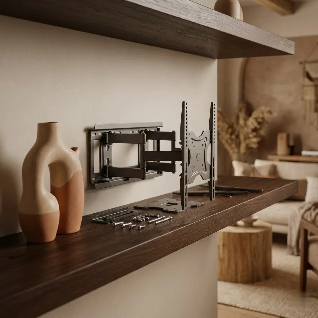 Full motion TV mount extended from a wall, showing its flexibility